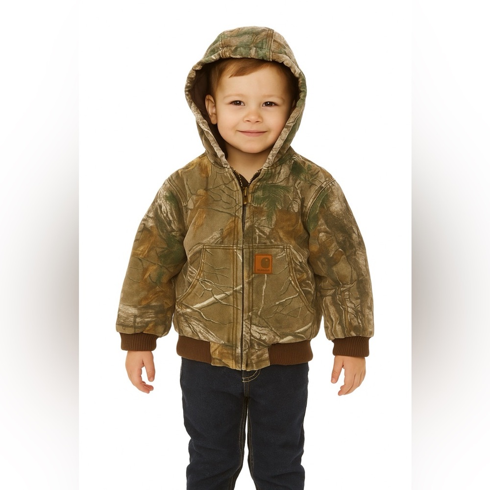 Carhartt Boy’s Zip Front Canvas Insulated Hoodie Real Tree Camo Jacket Size 4-5